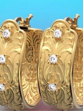 Golden thick Floral Hoop Earrings with Clear Stones
